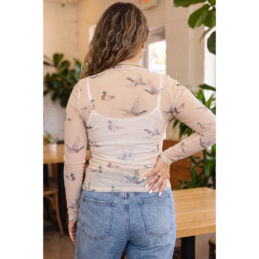 Beige Mesh Duck Print Tunic Long Sleeve Plus Size Blouse Plus Size/Plus Size Tops/Plus Size Blouses & Shirts