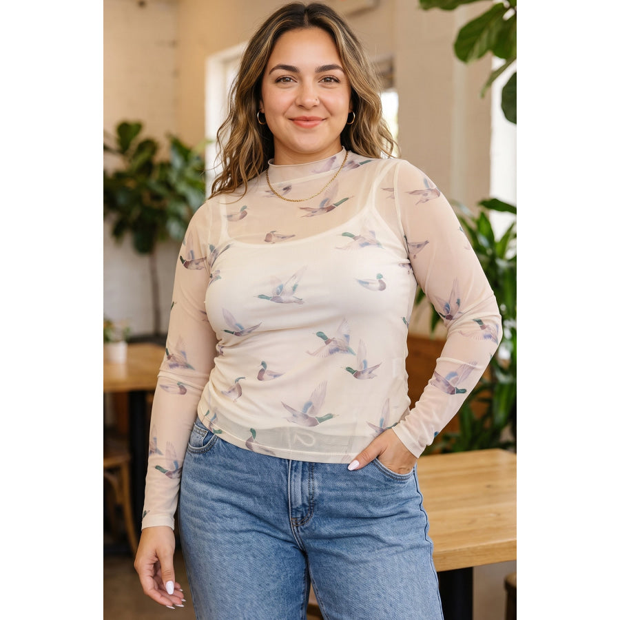 Beige Mesh Duck Print Tunic Long Sleeve Plus Size Blouse Plus Size/Plus Size Tops/Plus Size Blouses & Shirts