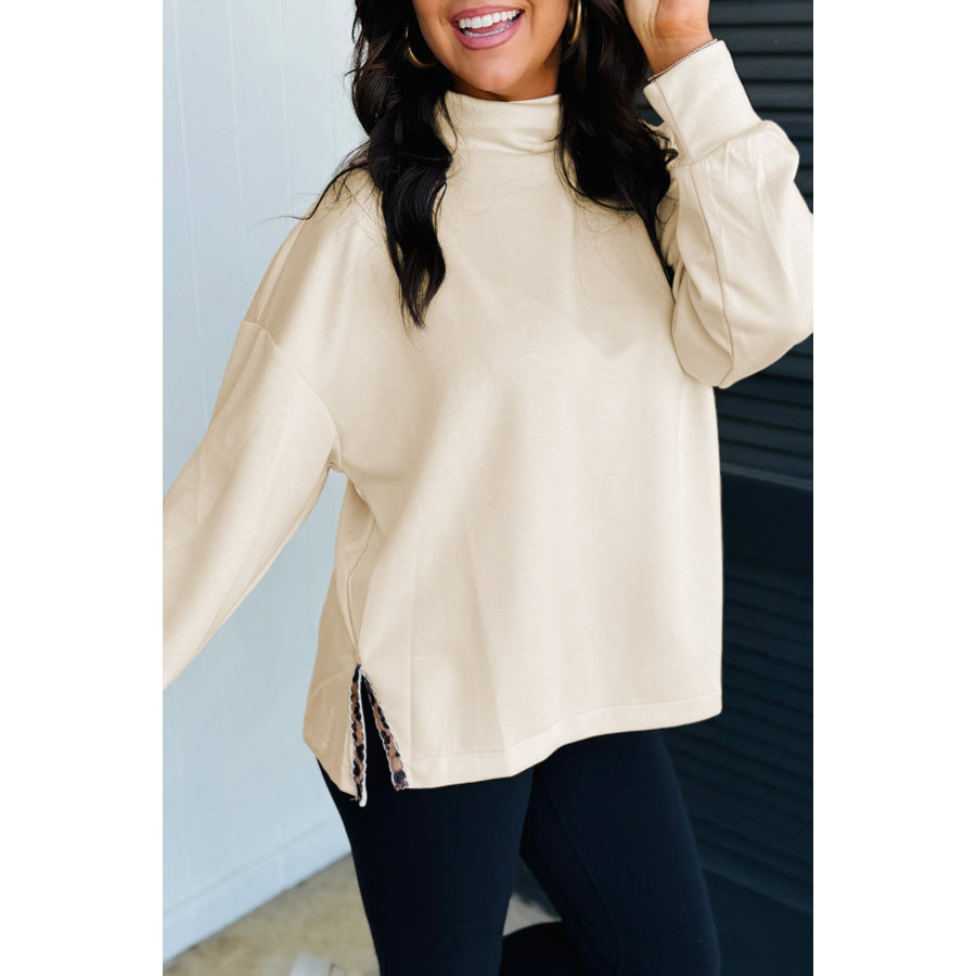 Beige Mock Neck Long Sleeve Leopard Detail Split Hem Top / S / 50% Polyester + 43% Viscose + 7% Elastane Tops/Long Tops