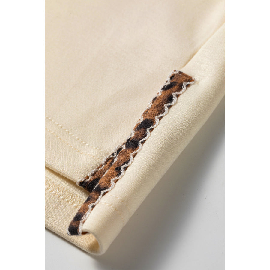 Beige Mock Neck Long Sleeve Leopard Detail Split Hem Top Tops/Long Tops