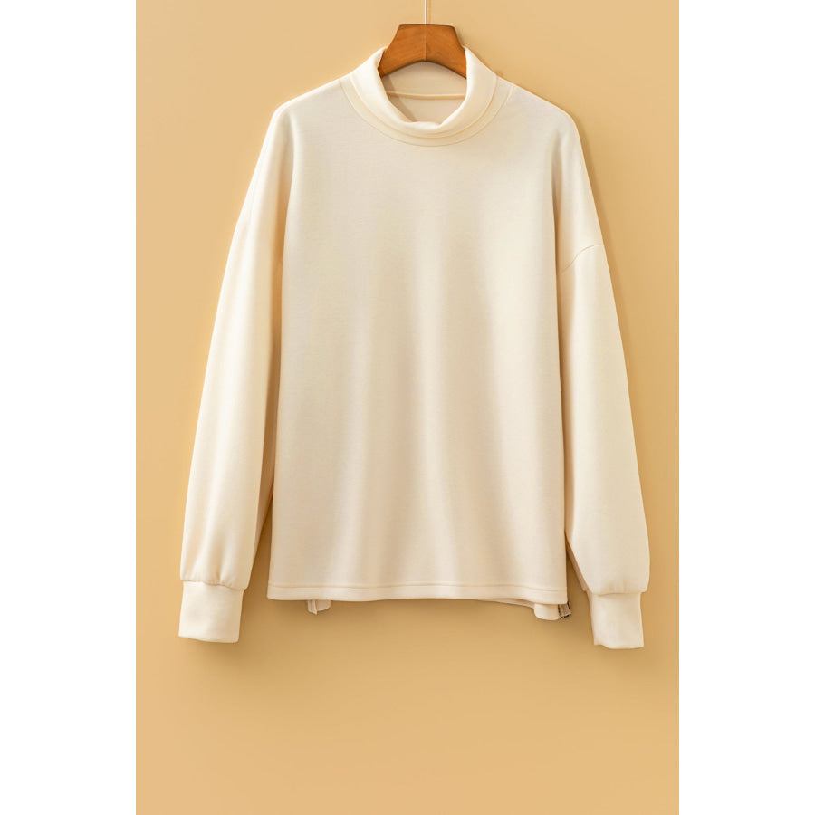 Beige Mock Neck Long Sleeve Leopard Detail Split Hem Top Tops/Long Tops