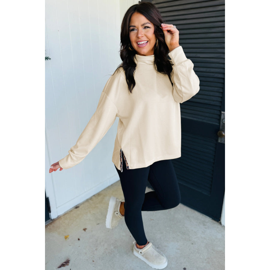 Beige Mock Neck Long Sleeve Leopard Detail Split Hem Top Tops/Long Tops
