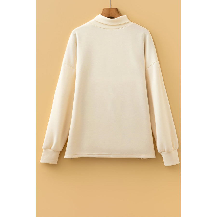 Beige Mock Neck Long Sleeve Leopard Detail Split Hem Top Tops/Long Tops