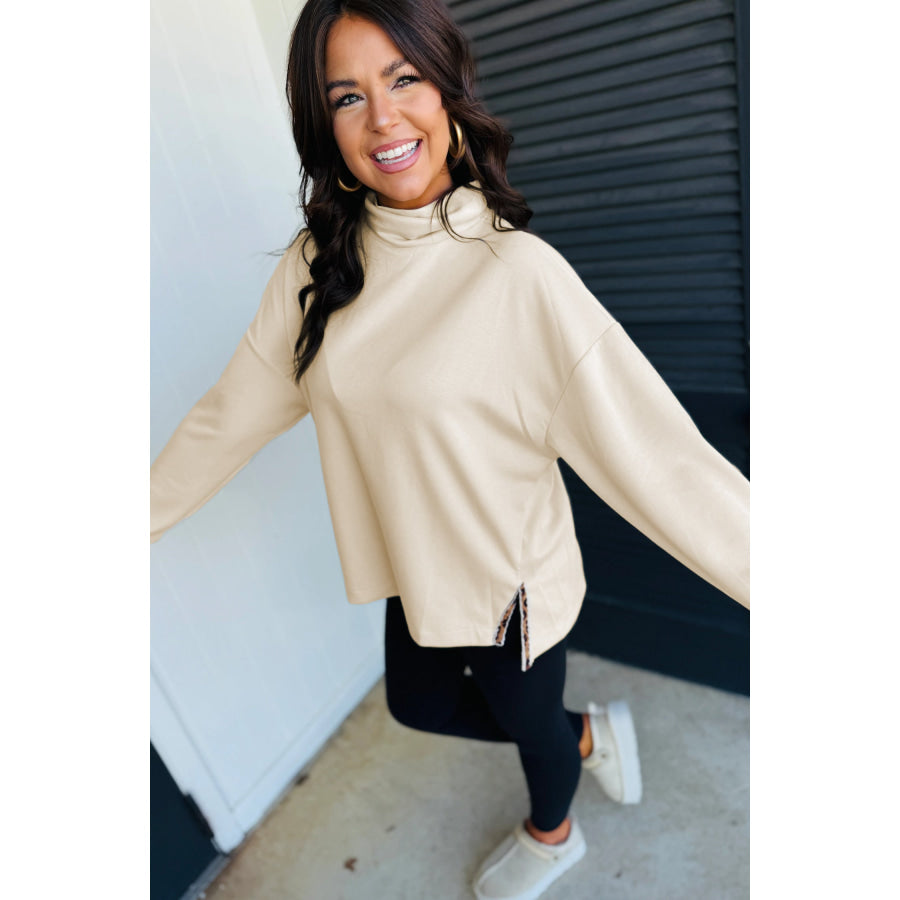 Beige Mock Neck Long Sleeve Leopard Detail Split Hem Top Tops/Long Tops