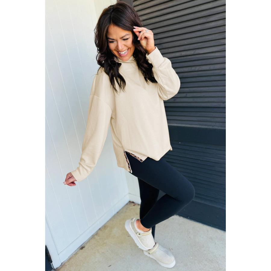 Beige Mock Neck Long Sleeve Leopard Detail Split Hem Top Tops/Long Tops