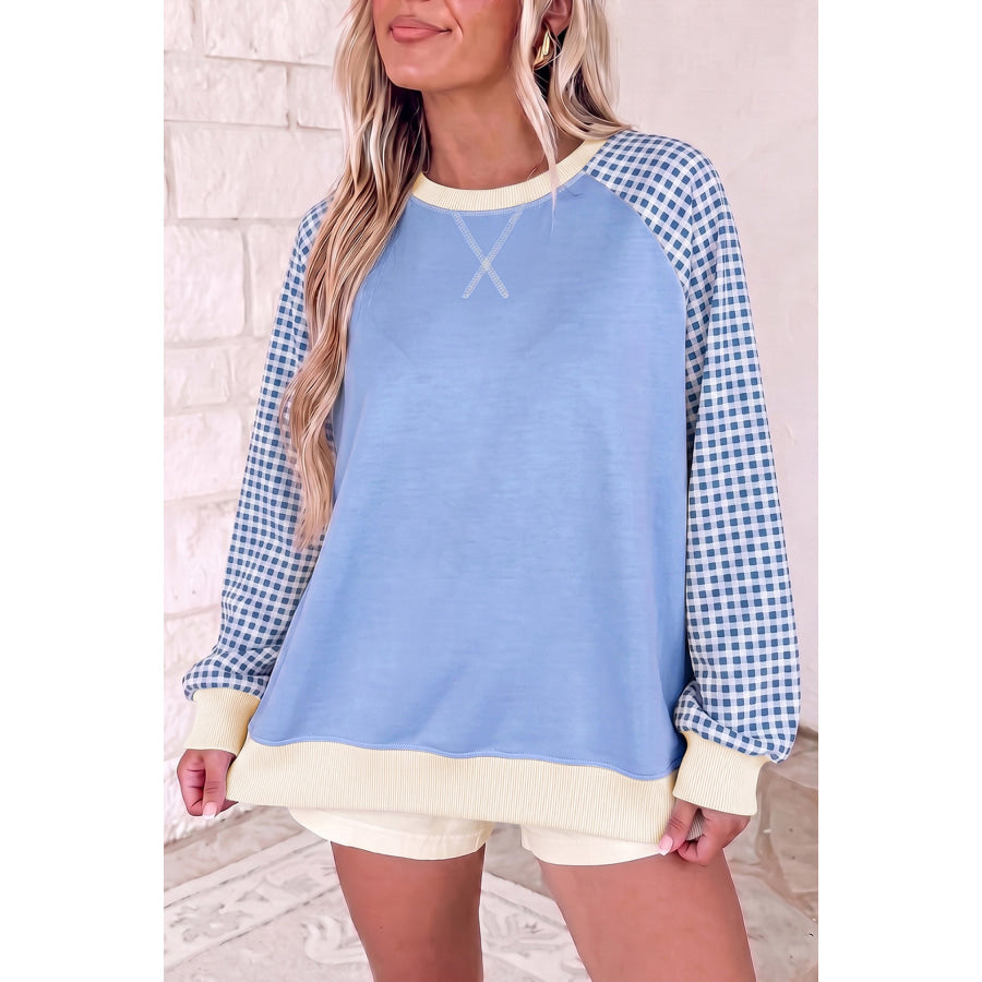 Beige Plaid Sleeve Colorblock Raglan Pullover Sweatshirt Light Blue / S / 65% Polyester + 35% Cotton Tops/Sweatshirts & Hoodies