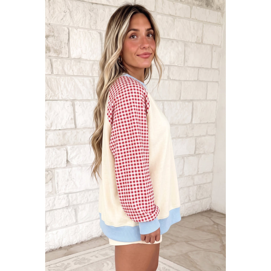Beige Plaid Sleeve Colorblock Raglan Pullover Sweatshirt Tops/Sweatshirts & Hoodies