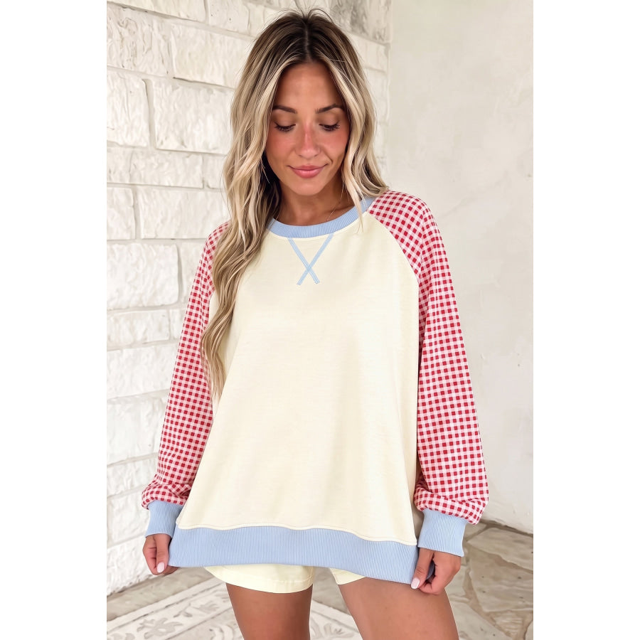 Beige Plaid Sleeve Colorblock Raglan Pullover Sweatshirt Tops/Sweatshirts & Hoodies