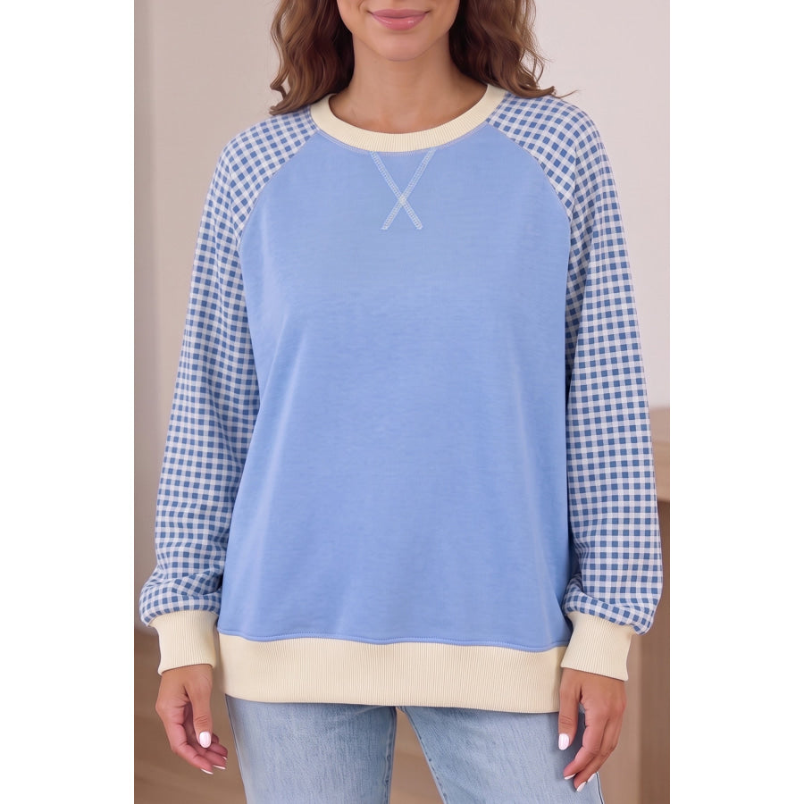 Beige Plaid Sleeve Colorblock Raglan Pullover Sweatshirt Tops/Sweatshirts & Hoodies