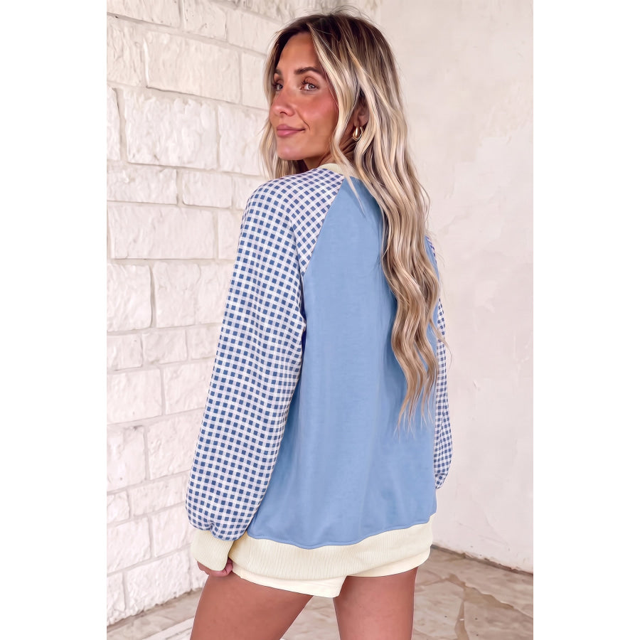 Beige Plaid Sleeve Colorblock Raglan Pullover Sweatshirt Tops/Sweatshirts & Hoodies