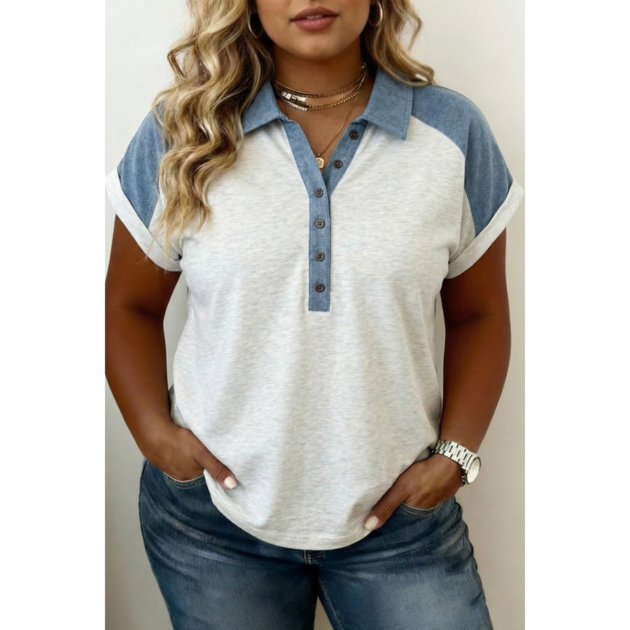 Beige Plus Size Contrast Denim Patchwork Cuffed Sleeve Polo Tee Beige / 1X / 65% Polyester + 35% Cotton Plus Size/Plus Size Tops/Plus Size