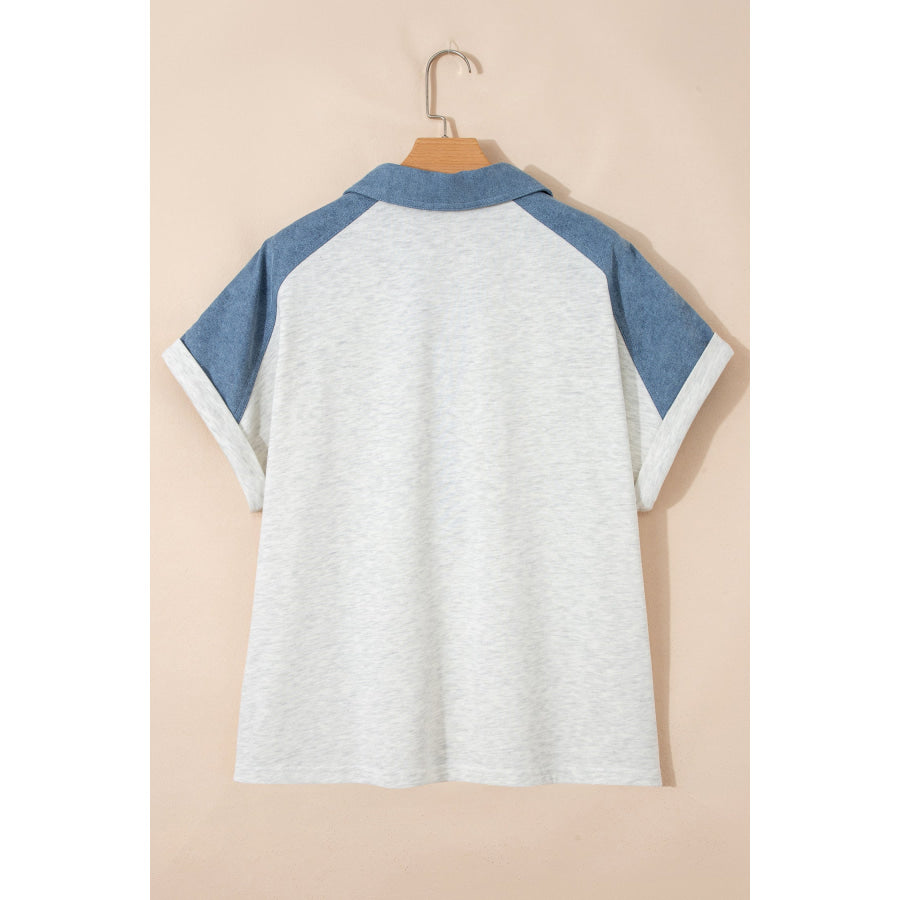 Beige Plus Size Contrast Denim Patchwork Cuffed Sleeve Polo Tee Plus Size/Plus Size Tops/Plus Size Tops & Tees