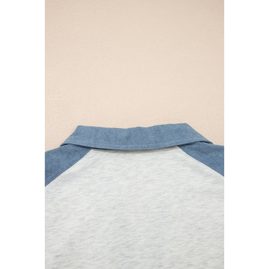 Beige Plus Size Contrast Denim Patchwork Cuffed Sleeve Polo Tee Plus Size/Plus Size Tops/Plus Size Tops & Tees