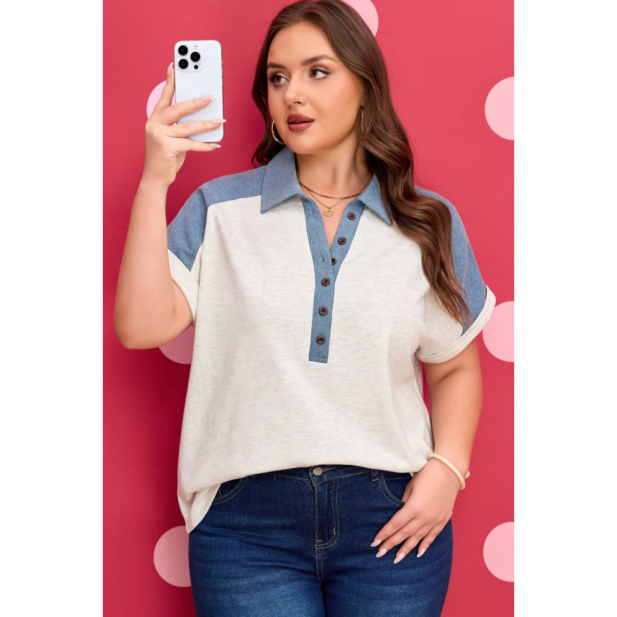 Beige Plus Size Contrast Denim Patchwork Cuffed Sleeve Polo Tee Plus Size/Plus Size Tops/Plus Size Tops & Tees