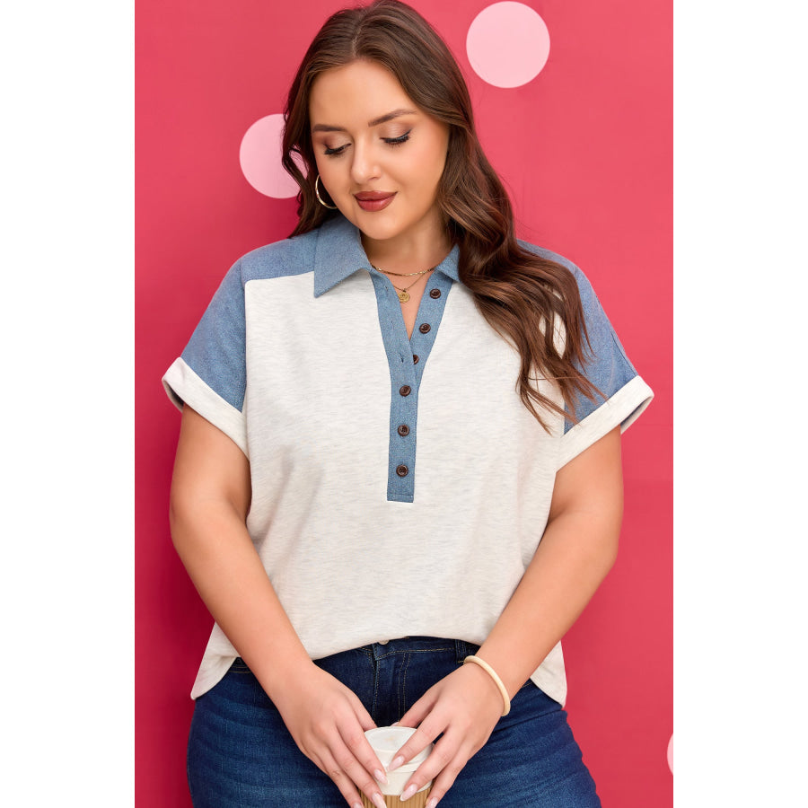 Beige Plus Size Contrast Denim Patchwork Cuffed Sleeve Polo Tee Plus Size/Plus Size Tops/Plus Size Tops & Tees