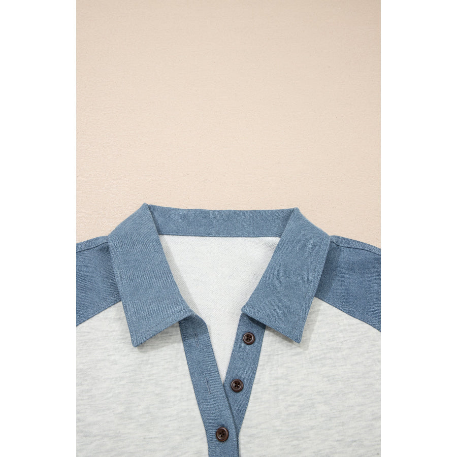 Beige Plus Size Contrast Denim Patchwork Cuffed Sleeve Polo Tee Plus Size/Plus Size Tops/Plus Size Tops & Tees