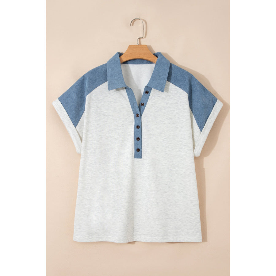Beige Plus Size Contrast Denim Patchwork Cuffed Sleeve Polo Tee Plus Size/Plus Size Tops/Plus Size Tops & Tees