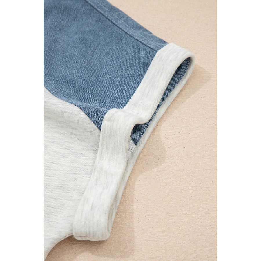 Beige Plus Size Contrast Denim Patchwork Cuffed Sleeve Polo Tee Plus Size/Plus Size Tops/Plus Size Tops & Tees