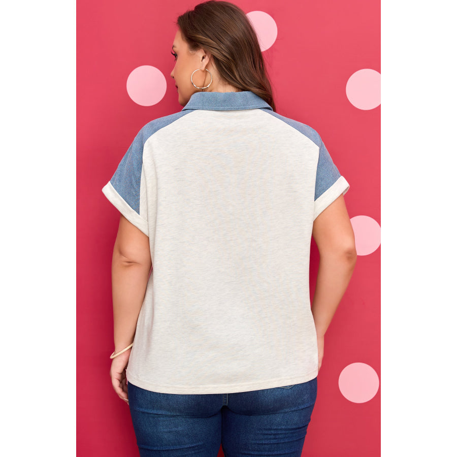 Beige Plus Size Contrast Denim Patchwork Cuffed Sleeve Polo Tee Plus Size/Plus Size Tops/Plus Size Tops & Tees