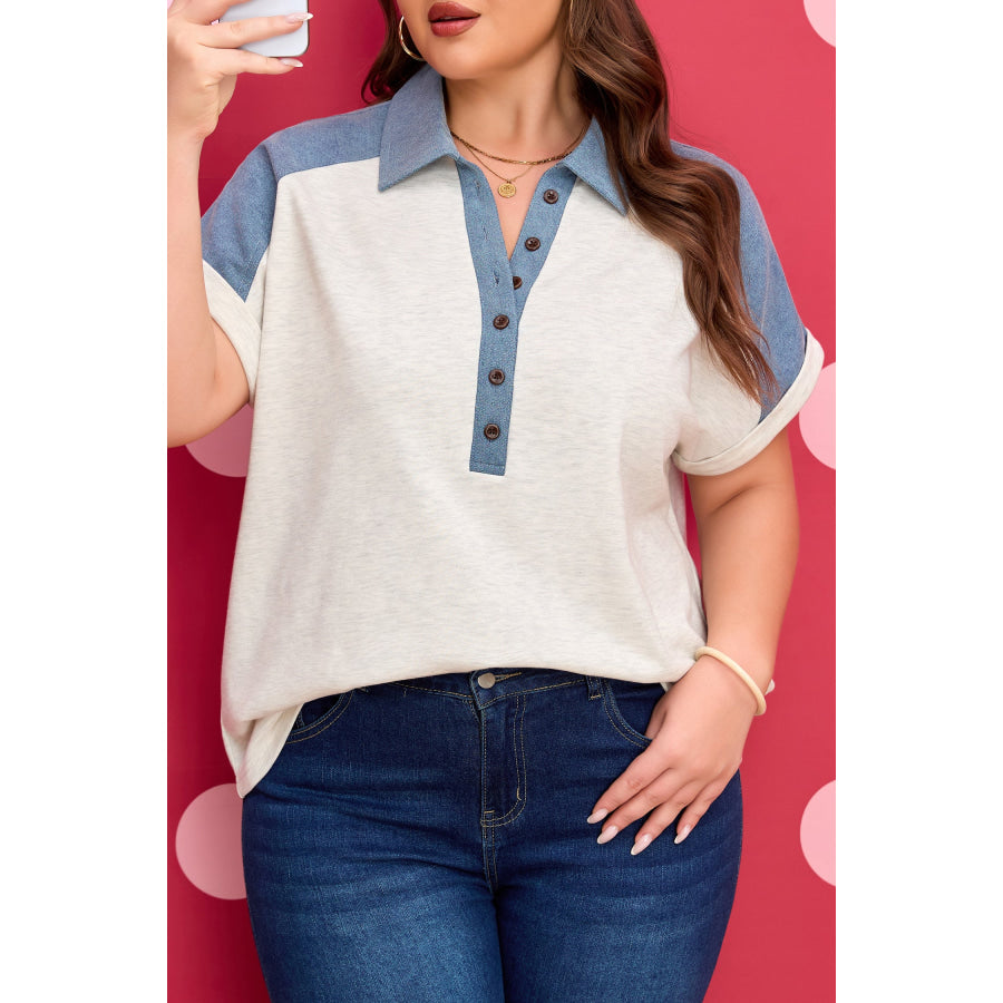 Beige Plus Size Contrast Denim Patchwork Cuffed Sleeve Polo Tee Plus Size/Plus Size Tops/Plus Size Tops & Tees