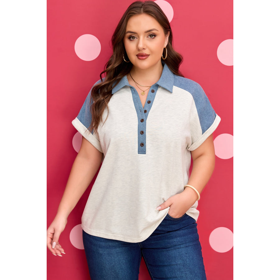 Beige Plus Size Contrast Denim Patchwork Cuffed Sleeve Polo Tee Plus Size/Plus Size Tops/Plus Size Tops & Tees