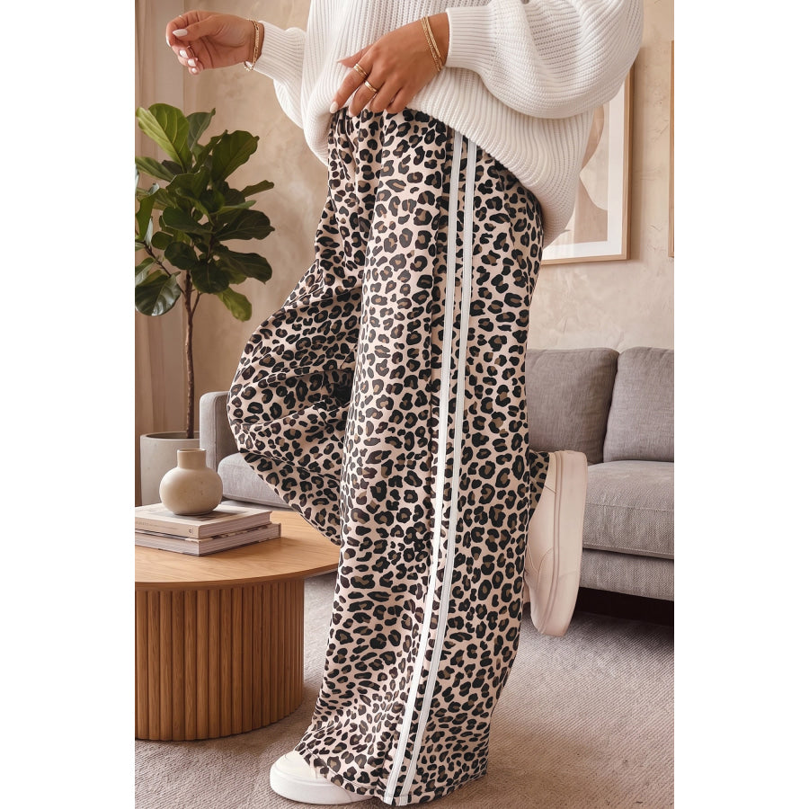 Beige Plus Size Leopard Print Side Stripes Detail Casual Pants Beige / 1X / 100% Polyester Plus Size/Plus Size Bottoms