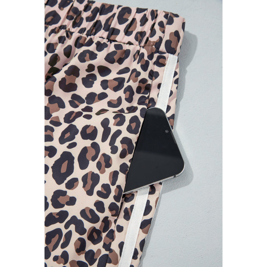 Beige Plus Size Leopard Print Side Stripes Detail Casual Pants Size/Plus Bottoms