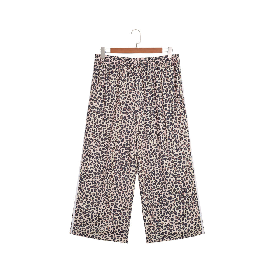 Beige Plus Size Leopard Print Side Stripes Detail Casual Pants Size/Plus Bottoms