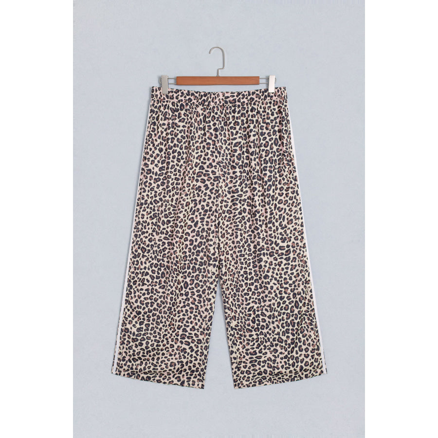 Beige Plus Size Leopard Print Side Stripes Detail Casual Pants Size/Plus Bottoms