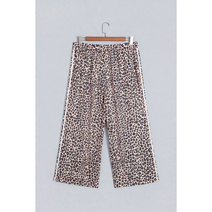 Beige Plus Size Leopard Print Side Stripes Detail Casual Pants Size/Plus Bottoms