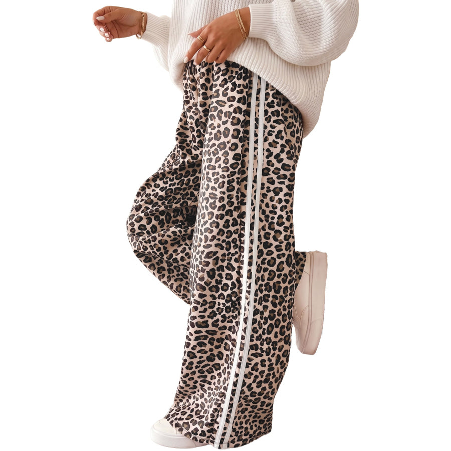 Beige Plus Size Leopard Print Side Stripes Detail Casual Pants Plus Size/Plus Size Bottoms