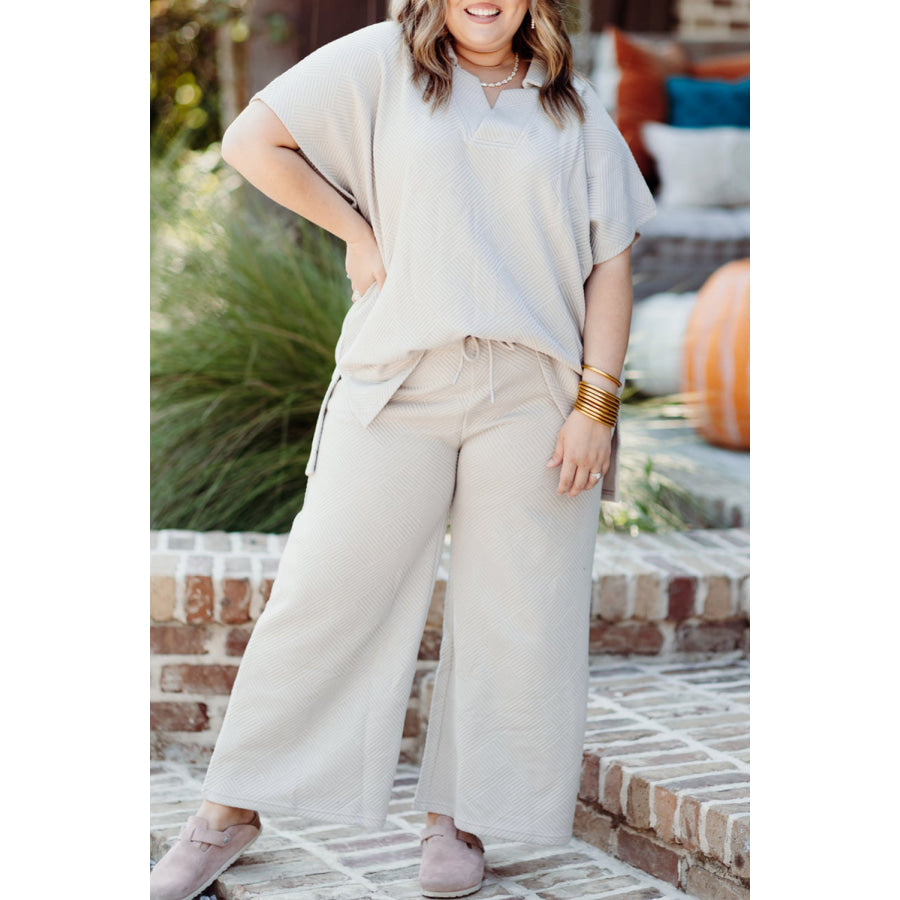 Beige Plus Size Textured Collared Top and Pants Set Beige / 1X / 97% Polyester + 3% Elastane Plus Size/Plus Size Loungewear