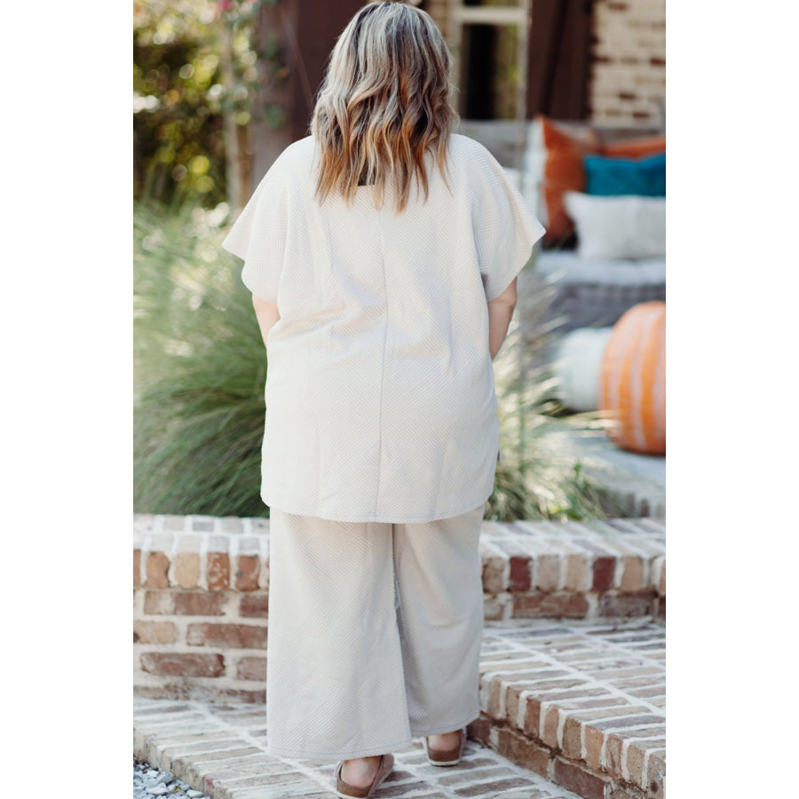 Beige Plus Size Textured Collared Top and Pants Set Plus Size/Plus Size Loungewear