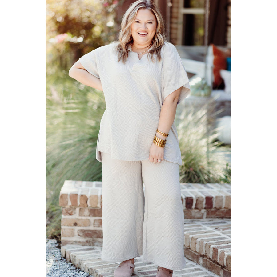 Beige Plus Size Textured Collared Top and Pants Set Plus Size/Plus Size Loungewear