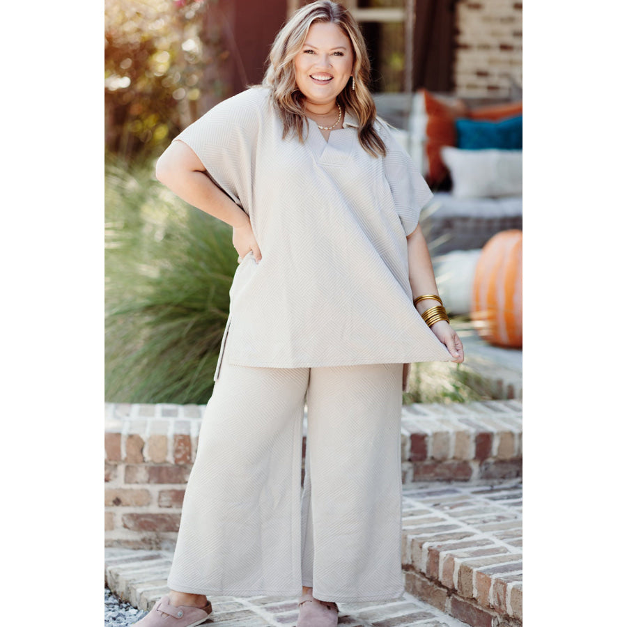 Beige Plus Size Textured Collared Top and Pants Set Plus Size/Plus Size Loungewear