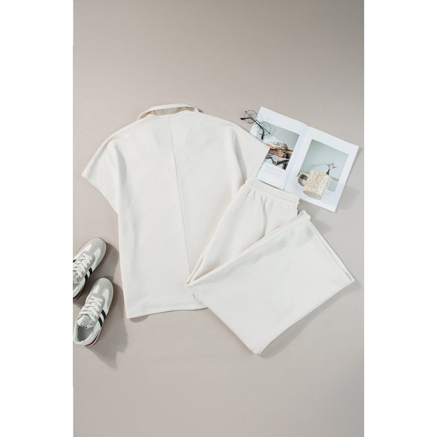 Beige Plus Size Textured Collared Top and Pants Set Plus Size/Plus Size Loungewear