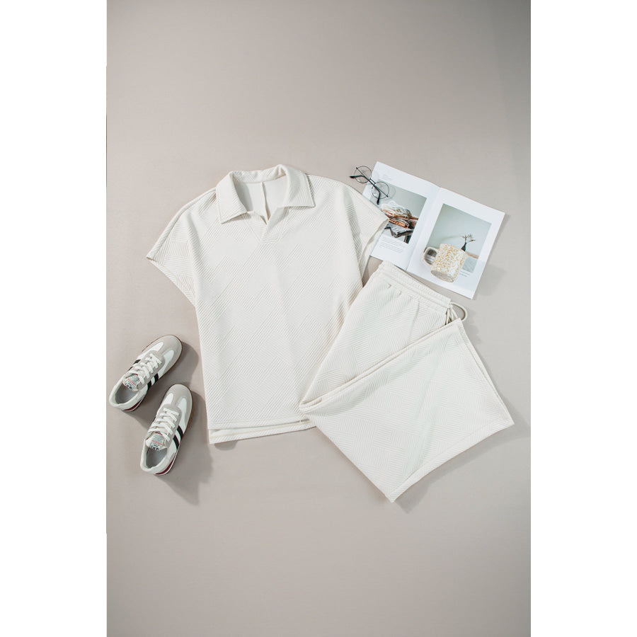 Beige Plus Size Textured Collared Top and Pants Set Plus Size/Plus Size Loungewear