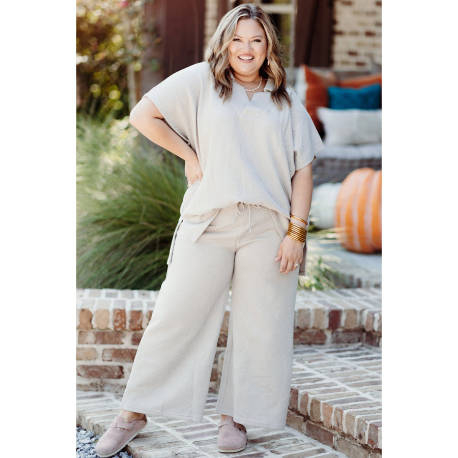 Beige Plus Size Textured Collared Top and Pants Set Plus Size/Plus Size Loungewear