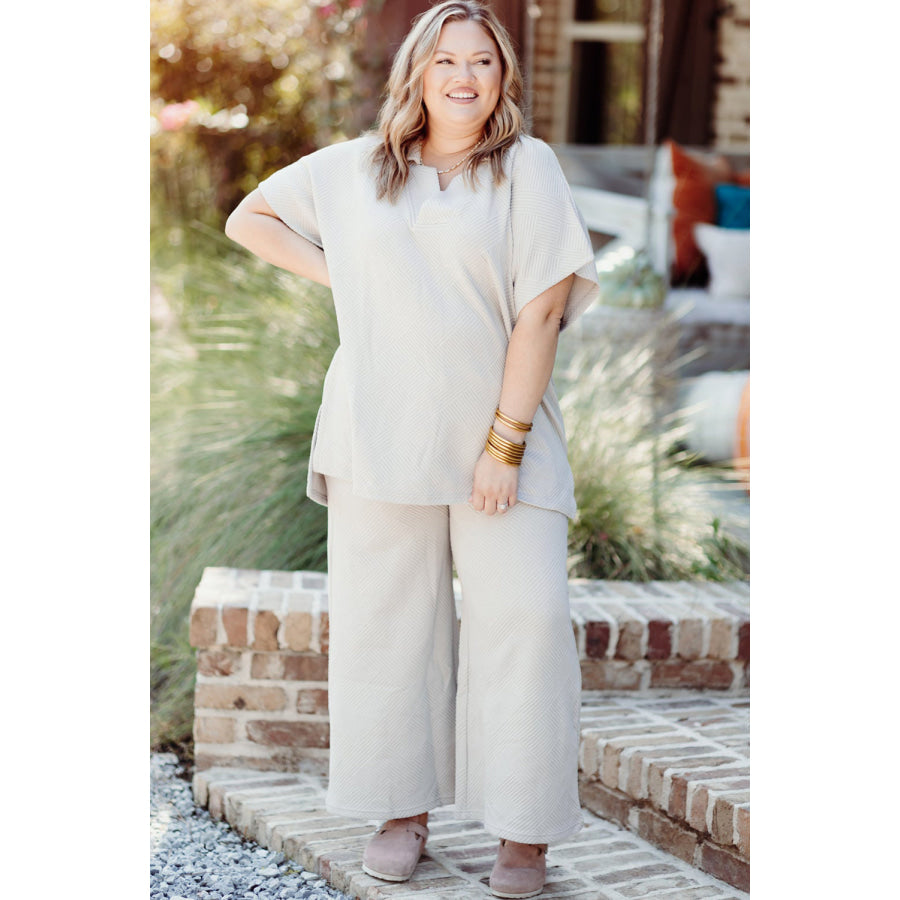 Beige Plus Size Textured Collared Top and Pants Set Plus Size/Plus Size Loungewear