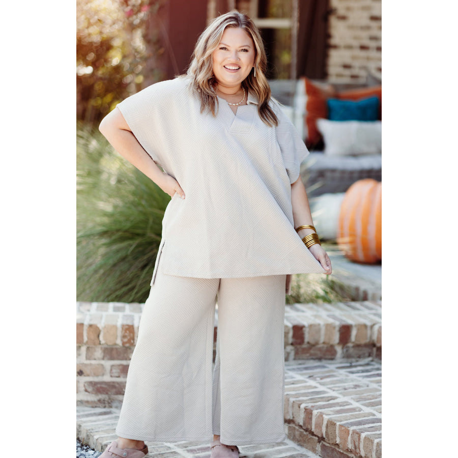 Beige Plus Size Textured Collared Top and Pants Set Plus Size/Plus Size Loungewear