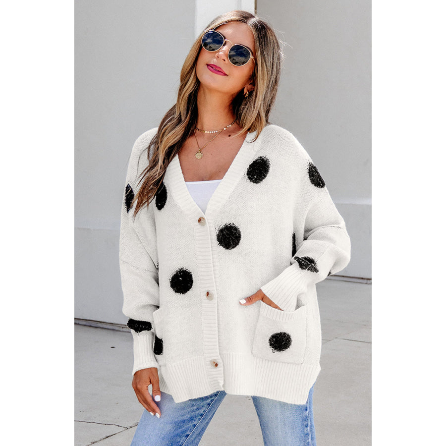 Beige Polka Dot Button Front Oversized V Neck Cardigan Sweaters & Cardigans/Cardigans