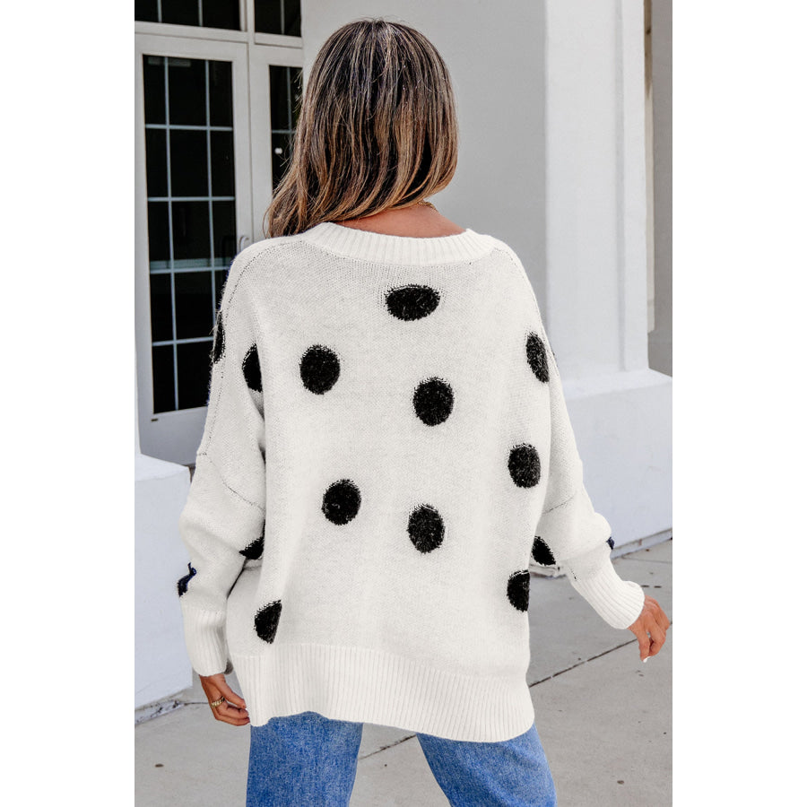 Beige Polka Dot Button Front Oversized V Neck Cardigan Sweaters & Cardigans/Cardigans