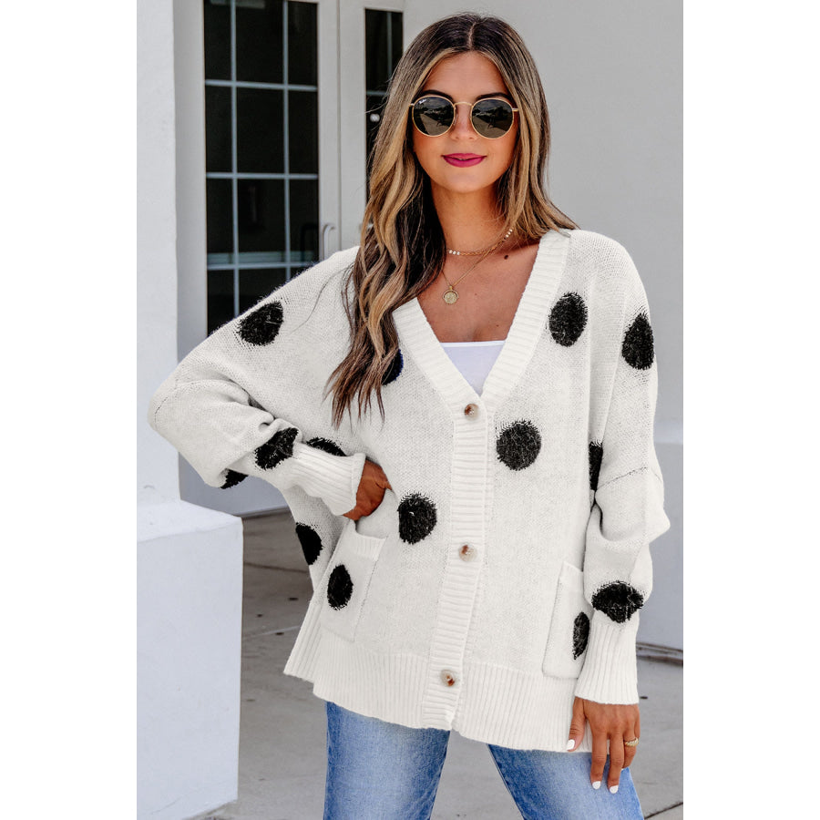 Beige Polka Dot Button Front Oversized V Neck Cardigan Sweaters & Cardigans/Cardigans