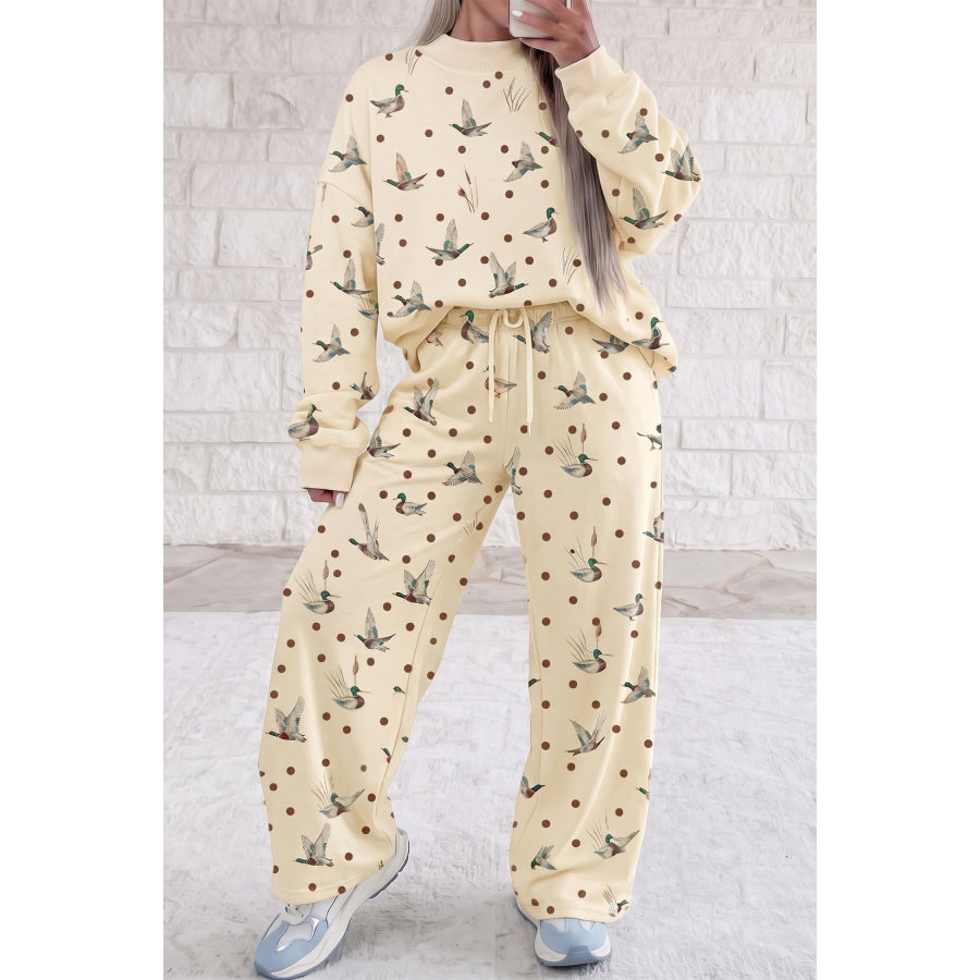Beige Polka Dot Mallard Print Crewneck Pullover Two Piece Pants Set / S / 100% Polyester Sets/Pant Sets