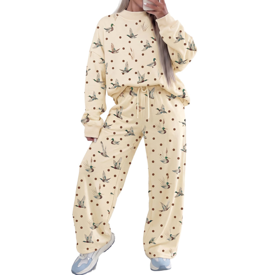 Beige Polka Dot Mallard Print Crewneck Pullover Two Piece Pants Set Sets/Pant Sets