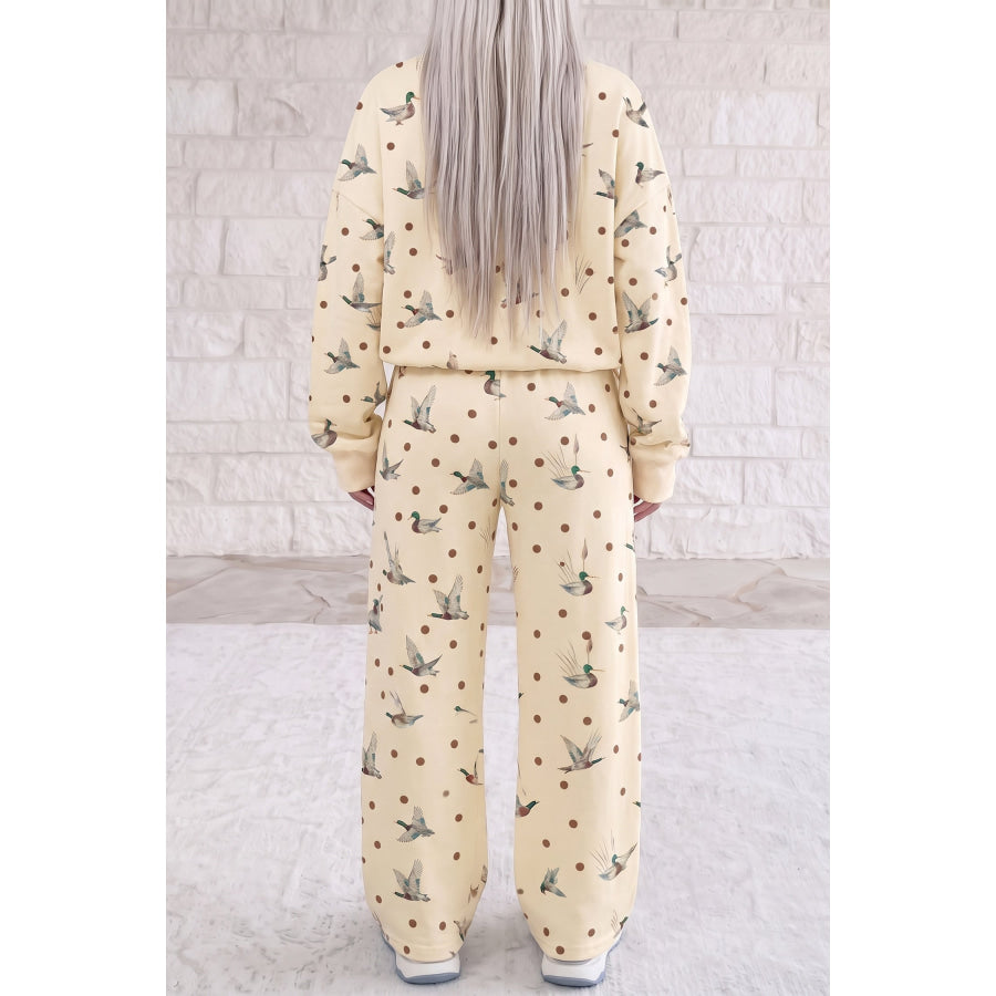Beige Polka Dot Mallard Print Crewneck Pullover Two Piece Pants Set Sets/Pant Sets