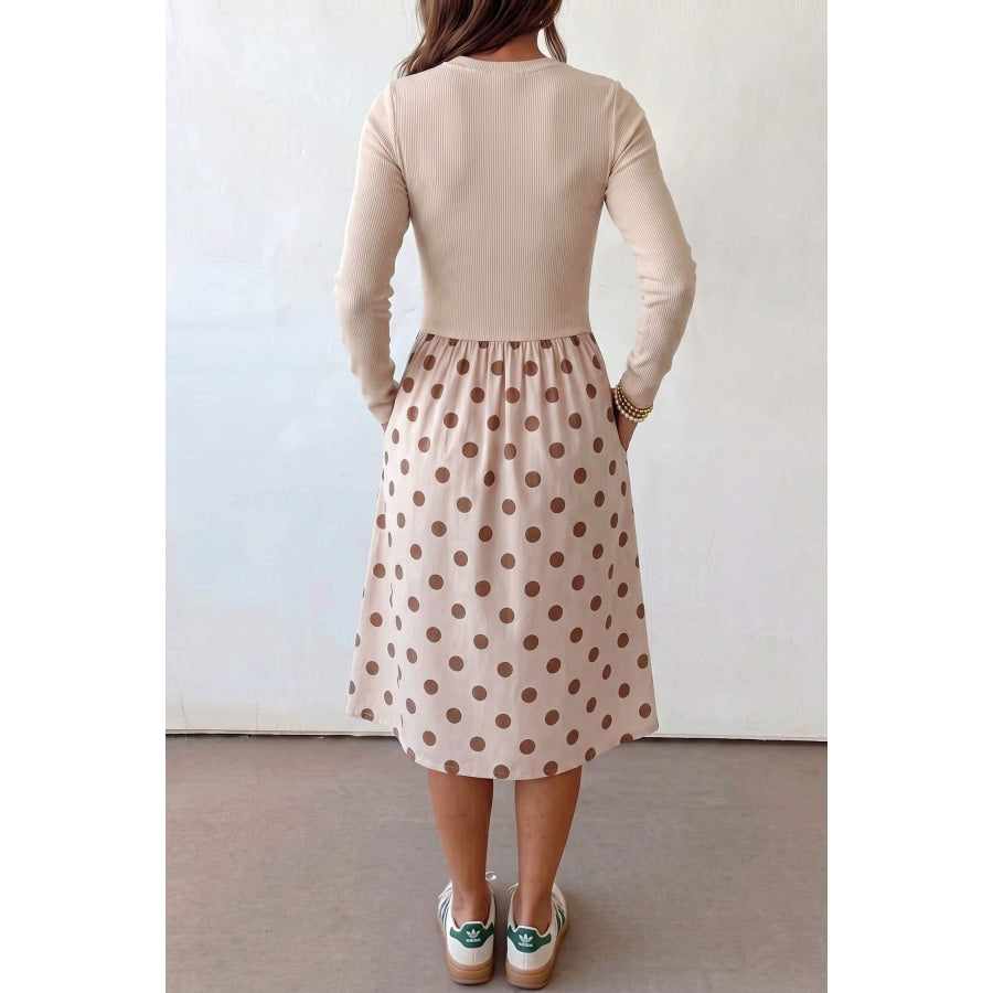 Beige Polka Dot Midi Long Sleeve Dress Dresses/Midi Dresses