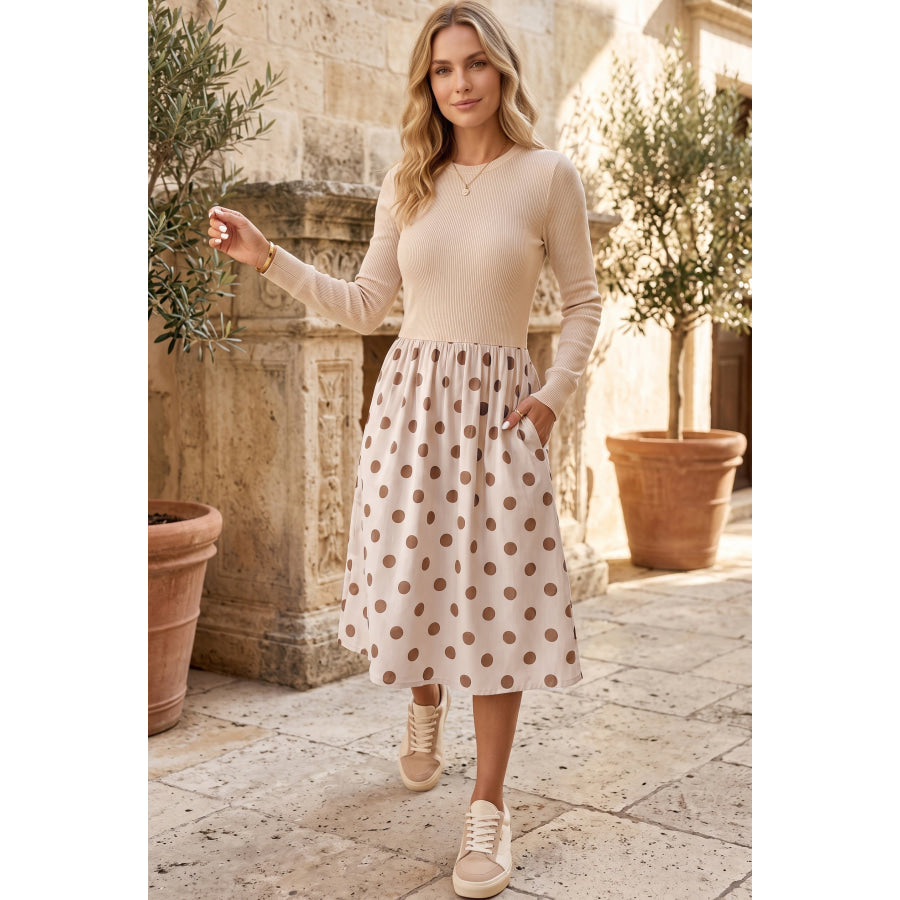 Beige Polka Dot Midi Long Sleeve Dress Dresses/Midi Dresses