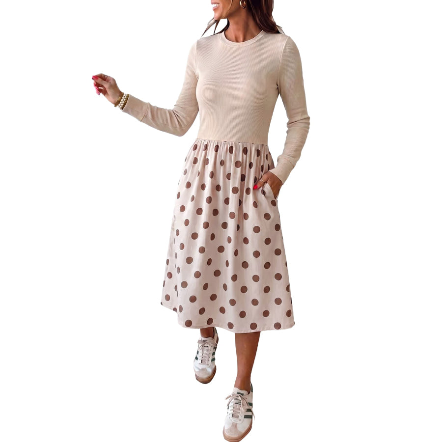 Beige Polka Dot Midi Long Sleeve Dress Dresses/Midi Dresses