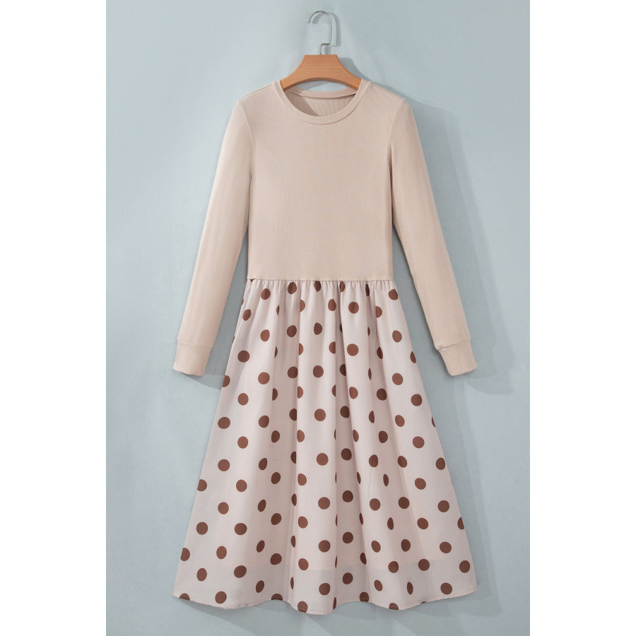 Beige Polka Dot Midi Long Sleeve Dress Dresses/Midi Dresses